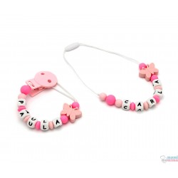 Pack Collar Mordedor Mini + Sujeta Chupetes Mordedor Personalizado de Silicona Butterfly Pink