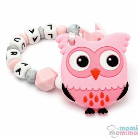 Pack Mordedor Búho + Sujeta Chupetes Mordedor Personalizado de Silicona Sweet Pink