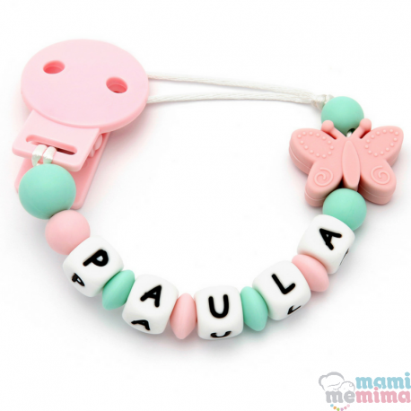 Catenella Portaciuccio Silicone Con Nome Personalizatto Farfalla Pink+Mint