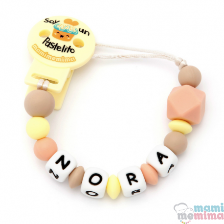 Sujeta Chupetes Mordedor Personalizado de Silicona "Soy un Pastelito" Melocotón-Amarillo