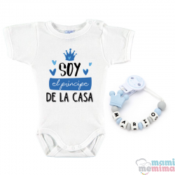 Pack Chupetero Mordedor Personalizado "Prince" + Body Bebé Personalizado "Soy el príncipe de la casa azul"