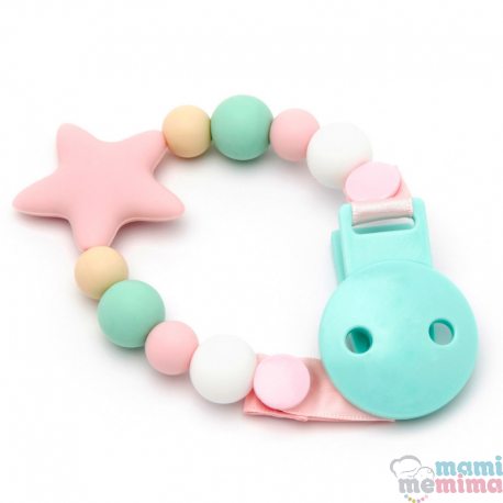 Corrente de Chupeta Mordedor em Silicone Star Pink&Mint