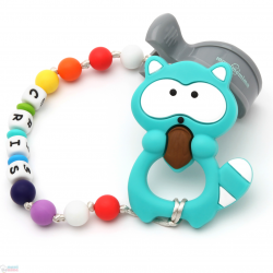 Pack Juguete Mordedor Para Carrito Personalizado Rainbow Mapache Turquesa