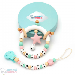 Pack Regalo Chupetero Mordedor & Sonajero Mordedor Pink&Mint Personalizado con Nombre