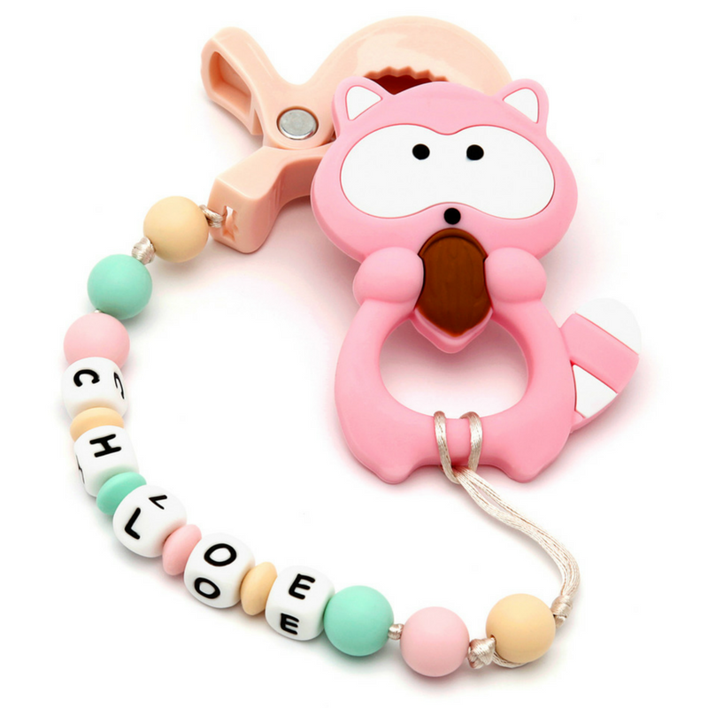 Pack Juguete Mordedor Para Carrito Pink&Mint Personalizado Con Mordedor Baby Mapache