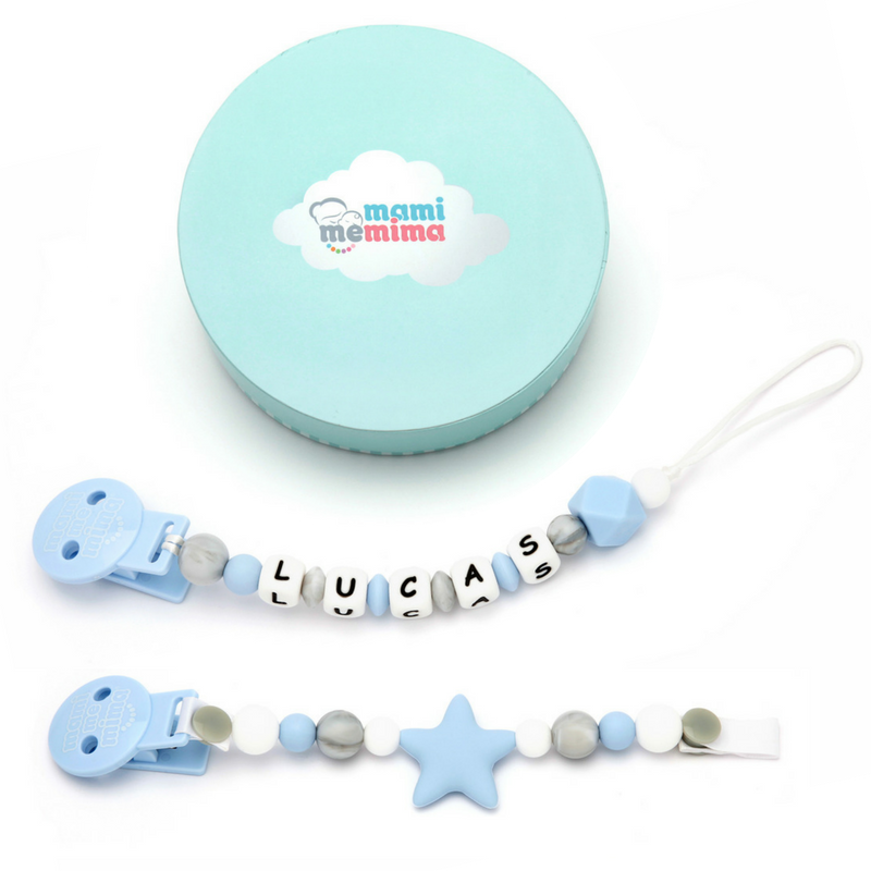 Pacote de dois tira de chucha Sweet Blue, um com nome