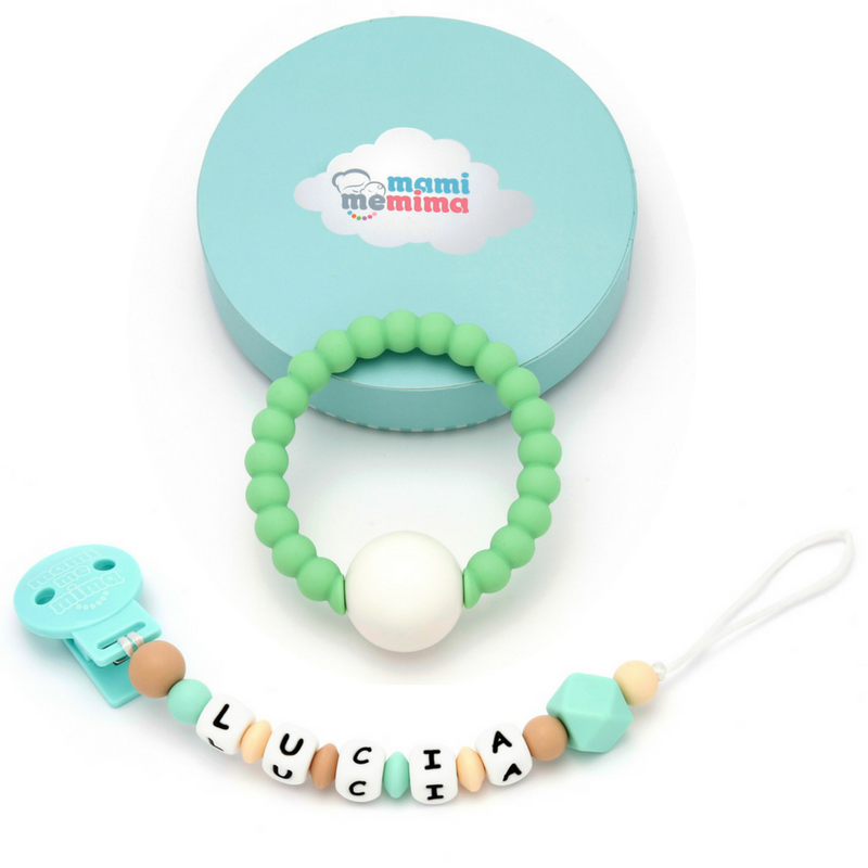 Pack Regalo Chupetero Mordedor Personalizado Mint&amp;Grey + Sonajero Mordedor