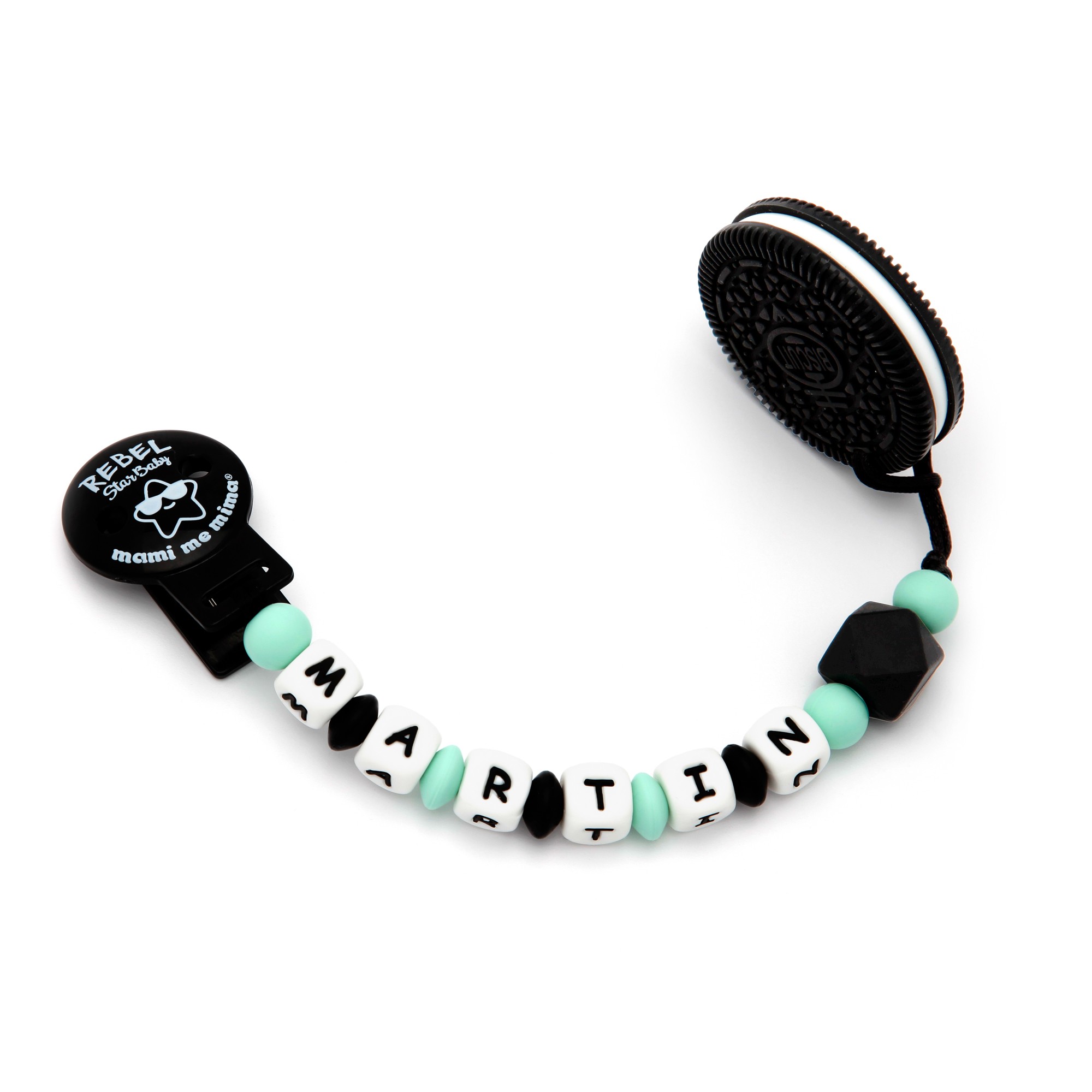 Tira de Chucha Con Nome Rock Baby Mint + Mordedor em forma de Biscoito Black