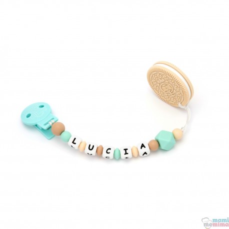 Pack Regalo Mordedor Biscuit + Sujeta Chupetes Mordedor Personalizado de Silicona NAtural Mint