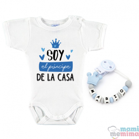 Pacote Corrente de Chupeta Personalizada Com o Nome "Prince" + Body Bebê Personalizado "Principe da Casa Azul"