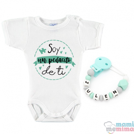 Pacote Corrente de Chupeta Personalizada Com o Nome "Sweet Mint" + Body Bebê Personalizado "Eu sou um pedaço de você"