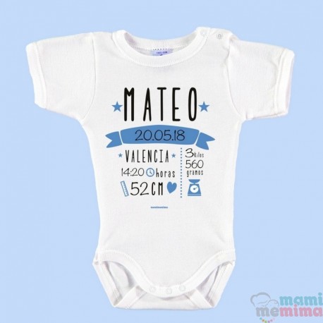 Body Bebê Nascimento Personalizado Com Todos Os Dados Azul
